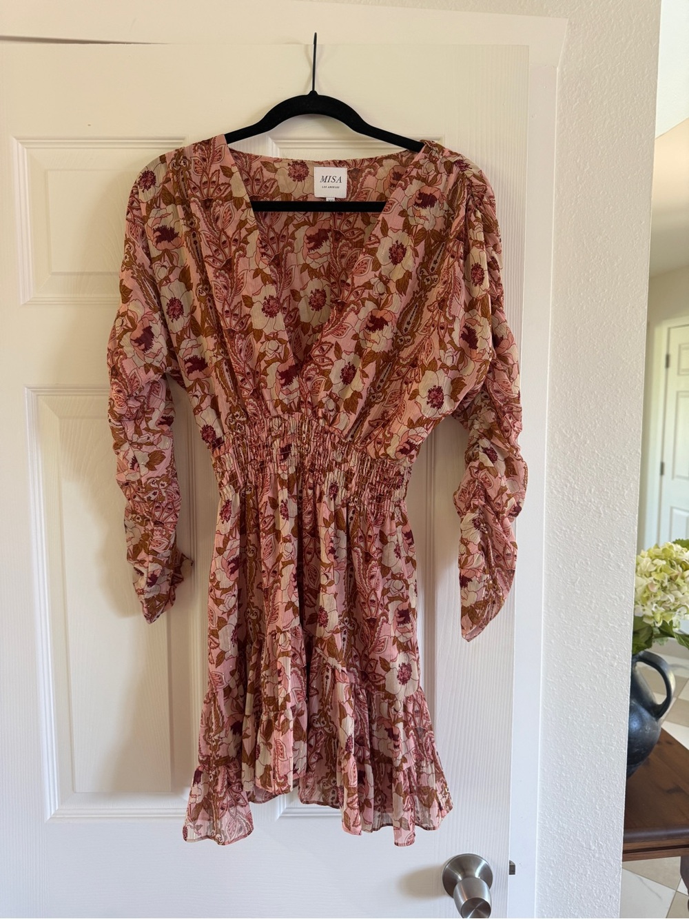MISA Floral Pink Shirred Waist Mini Dress